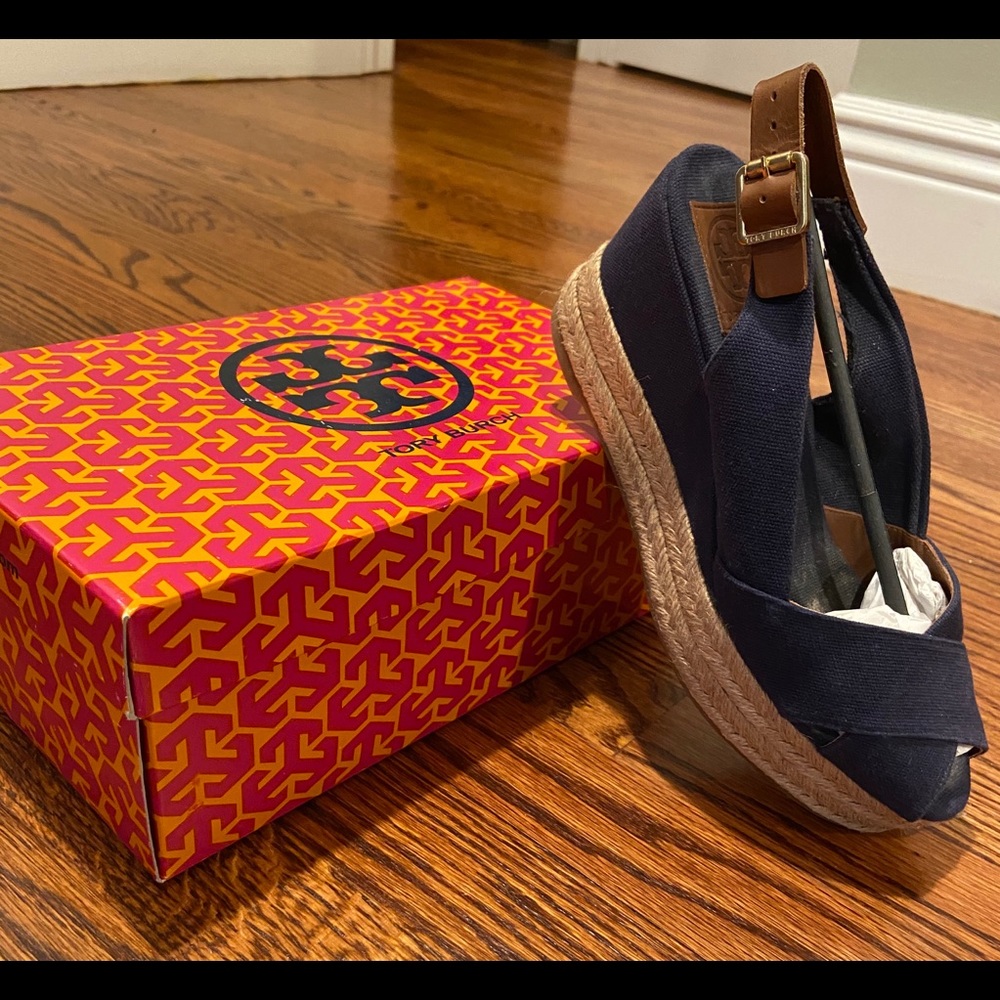 TORY BURCH Navy Espadrille Wedge Pump Size 8
